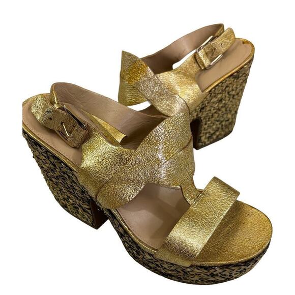 Via Spaga gold leather strappy sandal, 9, woven heel/platform, artsy, bohemian - Picture 1 of 7